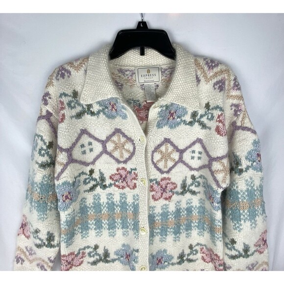 VTG Express Cardigan Women XS Cream Tricot Hand Knit Silk Angora Cottage Soft - Picture 2 of 9